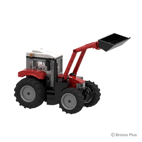 BRIXIES Plus Massey Ferguson 5S viewed from the side with the front loader bucket raised high above the red tractor body