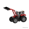 Front angled view of the BRIXIES Plus Massey Ferguson 5S showing the raised front loader, black bucket, red bonnet, cab and front wheels