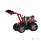 Front angled view of the BRIXIES Plus Massey Ferguson 5S showing the raised front loader, black bucket, red bonnet, cab and front wheels