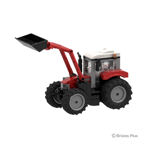 Front angled view of the BRIXIES Plus Massey Ferguson 5S showing the raised front loader, black bucket, red bonnet, cab and front wheels