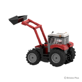 Rear left view of the BRIXIES Plus Massey Ferguson 5S with the raised loader arms, black bucket, enclosed cab and large rear tyre visible