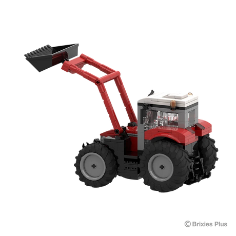 Rear left view of the BRIXIES Plus Massey Ferguson 5S with the raised loader arms, black bucket, enclosed cab and large rear tyre visible