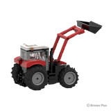Rear right view of the BRIXIES Plus Massey Ferguson 5S showing the loader frame, raised bucket, cab and rear tractor body