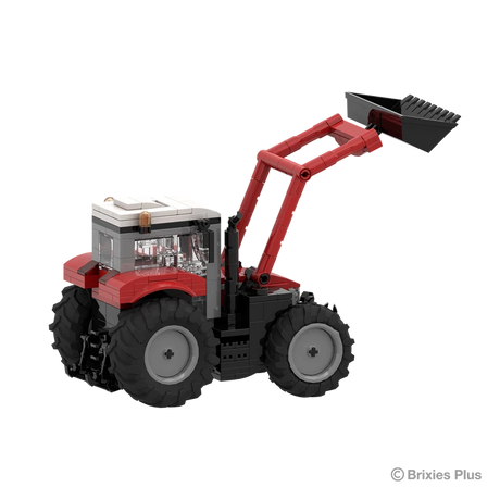 Rear right view of the BRIXIES Plus Massey Ferguson 5S showing the loader frame, raised bucket, cab and rear tractor body