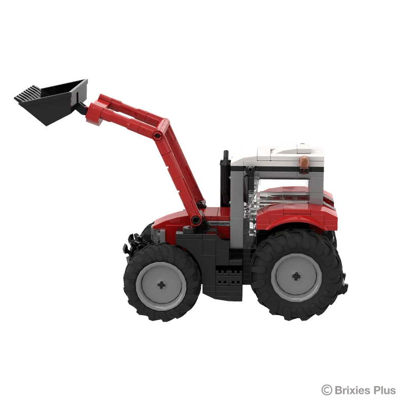 BRIXIES Plus Massey Ferguson 5S with front loader in left side profile showing the raised red loader arms, black bucket, enclosed cab and large tractor tyres