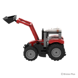BRIXIES Plus Massey Ferguson 5S with front loader in left side profile showing the raised red loader arms, black bucket, enclosed cab and large tractor tyres