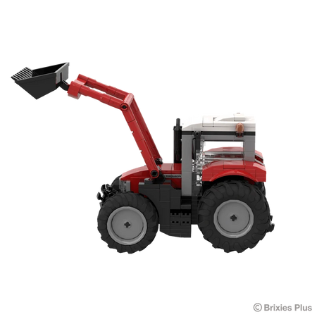 BRIXIES Plus Massey Ferguson 5S with front loader in left side profile showing the raised red loader arms, black bucket, enclosed cab and large tractor tyres
