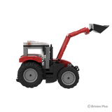 BRIXIES Plus Massey Ferguson 5S with front loader in right side profile with the bucket raised above the bonnet and the red loader frame mounted beside the cab