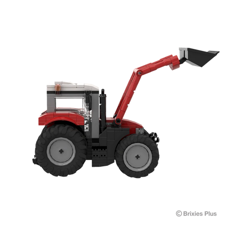 BRIXIES Plus Massey Ferguson 5S with front loader in right side profile with the bucket raised above the bonnet and the red loader frame mounted beside the cab