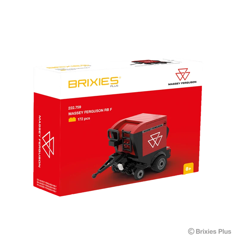 BRIXIES Plus Massey Ferguson RB F Round Baler building set in its red Massey Ferguson retail box with the completed baler pictured on the front