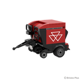 Front left view of the BRIXIES Plus Massey Ferguson RB F round baler showing the pickup assembly, drawbar, red side panel and large wheel