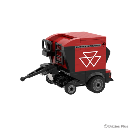 Front left view of the BRIXIES Plus Massey Ferguson RB F round baler showing the pickup assembly, drawbar, red side panel and large wheel