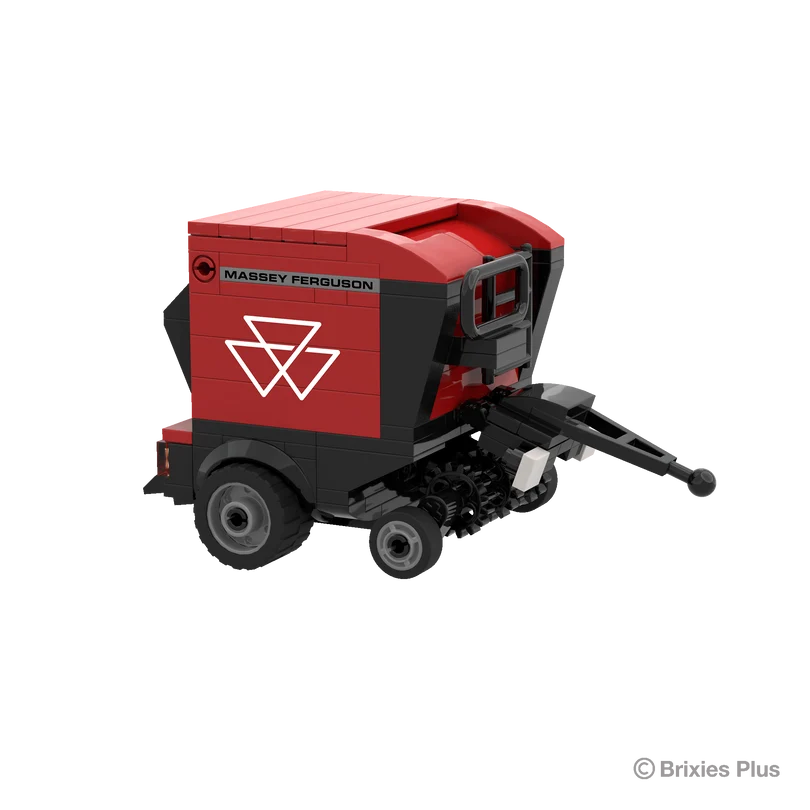 Front right view of the BRIXIES Plus Massey Ferguson RB F round baler showing the drawbar, pickup mechanism, red housing and front support wheel