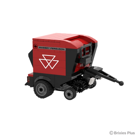 Front right view of the BRIXIES Plus Massey Ferguson RB F round baler showing the drawbar, pickup mechanism, red housing and front support wheel