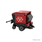 Rear left view of the BRIXIES Plus Massey Ferguson RB F round baler showing the rear opening, red body panels and wheel arrangement