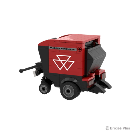 Rear left view of the BRIXIES Plus Massey Ferguson RB F round baler showing the rear opening, red body panels and wheel arrangement