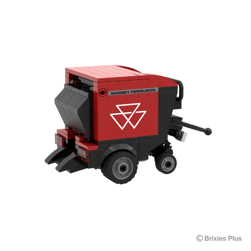 Rear right view of the BRIXIES Plus Massey Ferguson RB F round baler showing the rear chamber area, red housing and side wheel
