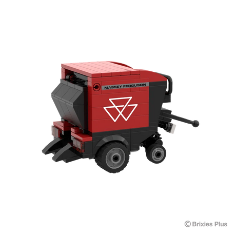 Rear right view of the BRIXIES Plus Massey Ferguson RB F round baler showing the rear chamber area, red housing and side wheel