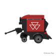 BRIXIES Plus Massey Ferguson RB F round baler in left side profile with Massey Ferguson branding, red bodywork, drawbar and pickup section visible