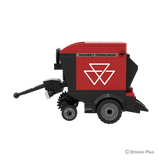 BRIXIES Plus Massey Ferguson RB F round baler in left side profile with Massey Ferguson branding, red bodywork, drawbar and pickup section visible