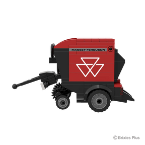 BRIXIES Plus Massey Ferguson RB F round baler in left side profile with Massey Ferguson branding, red bodywork, drawbar and pickup section visible