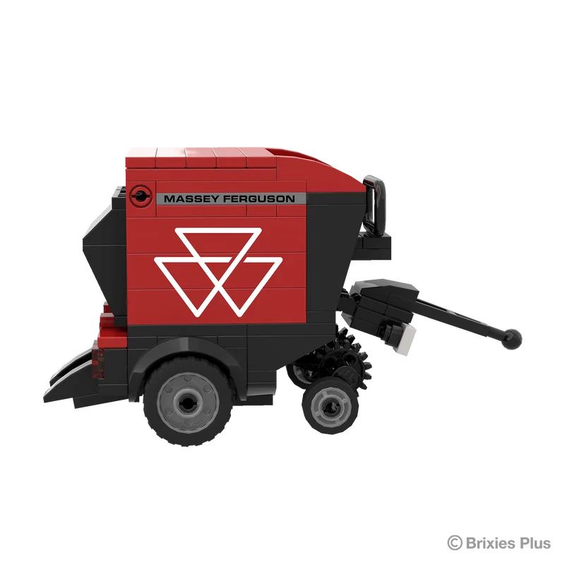 BRIXIES Plus Massey Ferguson RB F round baler in right side profile showing the red baler body, pickup section, drawbar and wheels