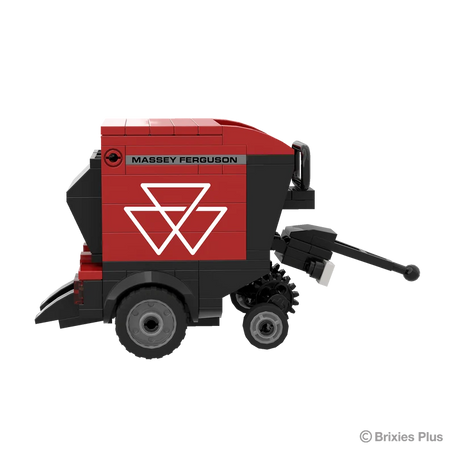 BRIXIES Plus Massey Ferguson RB F round baler in right side profile showing the red baler body, pickup section, drawbar and wheels