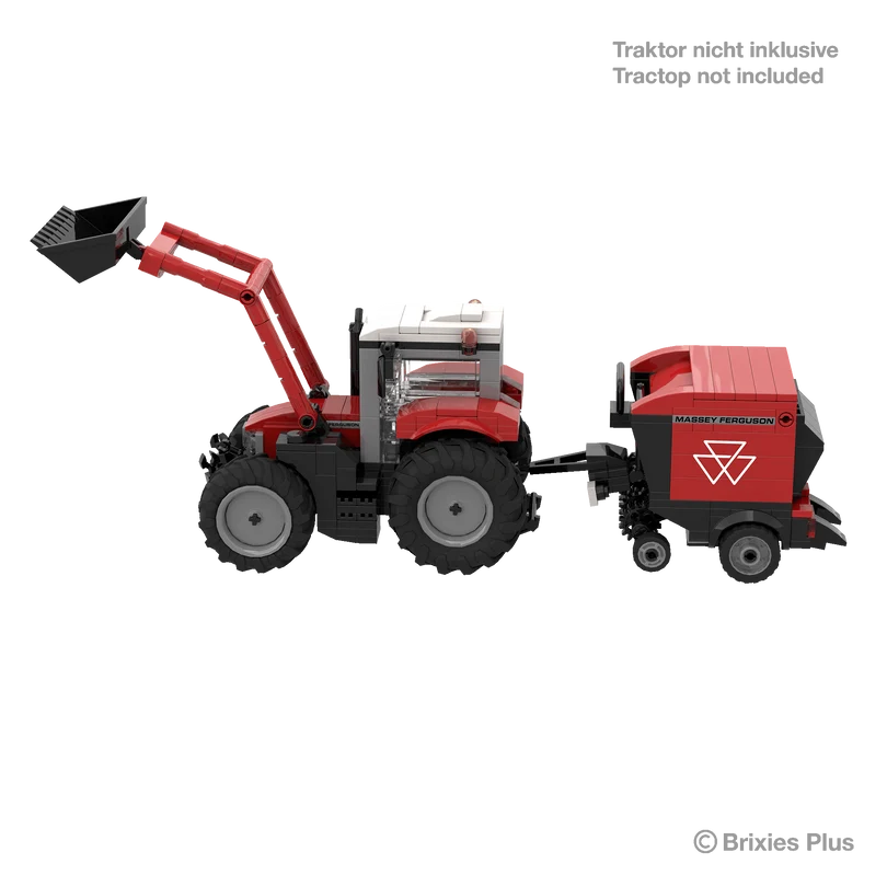 BRIXIES Plus Massey Ferguson RB F round baler connected to a red front loader tractor for display, with the tractor marked as not included