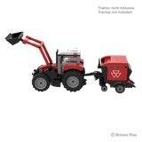 BRIXIES Plus Massey Ferguson RB F round baler connected to a red front loader tractor for display, with the tractor marked as not included