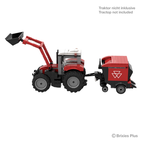 BRIXIES Plus Massey Ferguson RB F round baler connected to a red front loader tractor for display, with the tractor marked as not included
