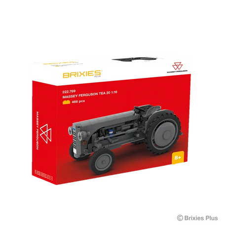 BRIXIES Plus Massey Ferguson TEA 20 building set in its red Massey Ferguson retail box with the completed grey tractor pictured on the front