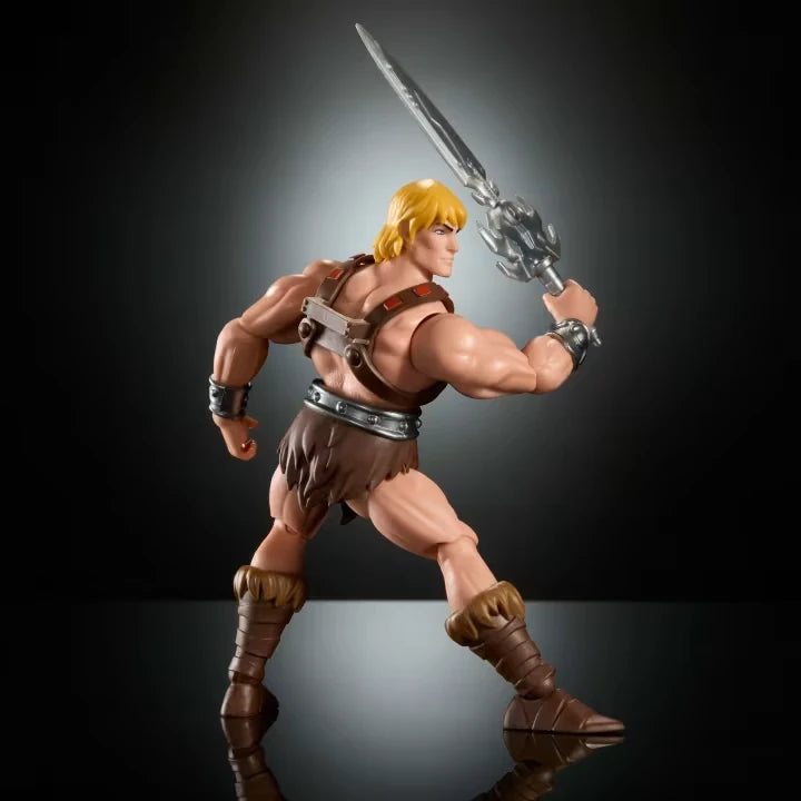 Masters of the Universe He-Man action figure shown from rear side view holding Power Sword 