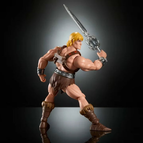 Masters of the Universe He-Man action figure shown from rear side view holding Power Sword 