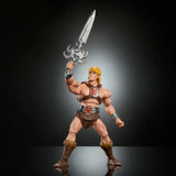 Masters of the Universe He-Man action figure posed with Power Sword raised overhead