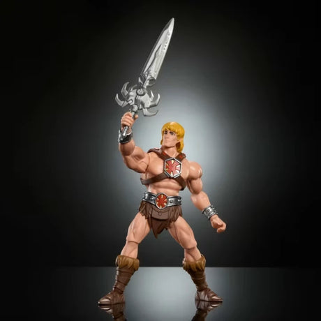 Masters of the Universe He-Man action figure posed with Power Sword raised overhead