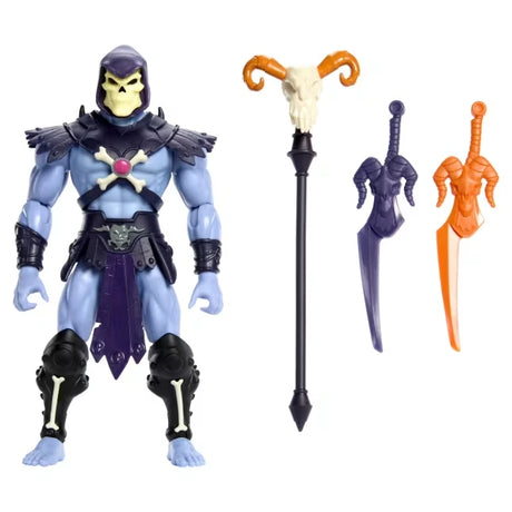 Masters of the Universe Skeletor action figure shown with staff and two sword accessories