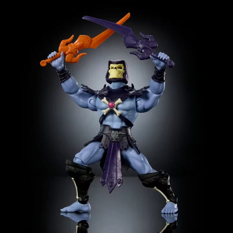 Masters of the Universe Skeletor action figure holding two swords raised overhead