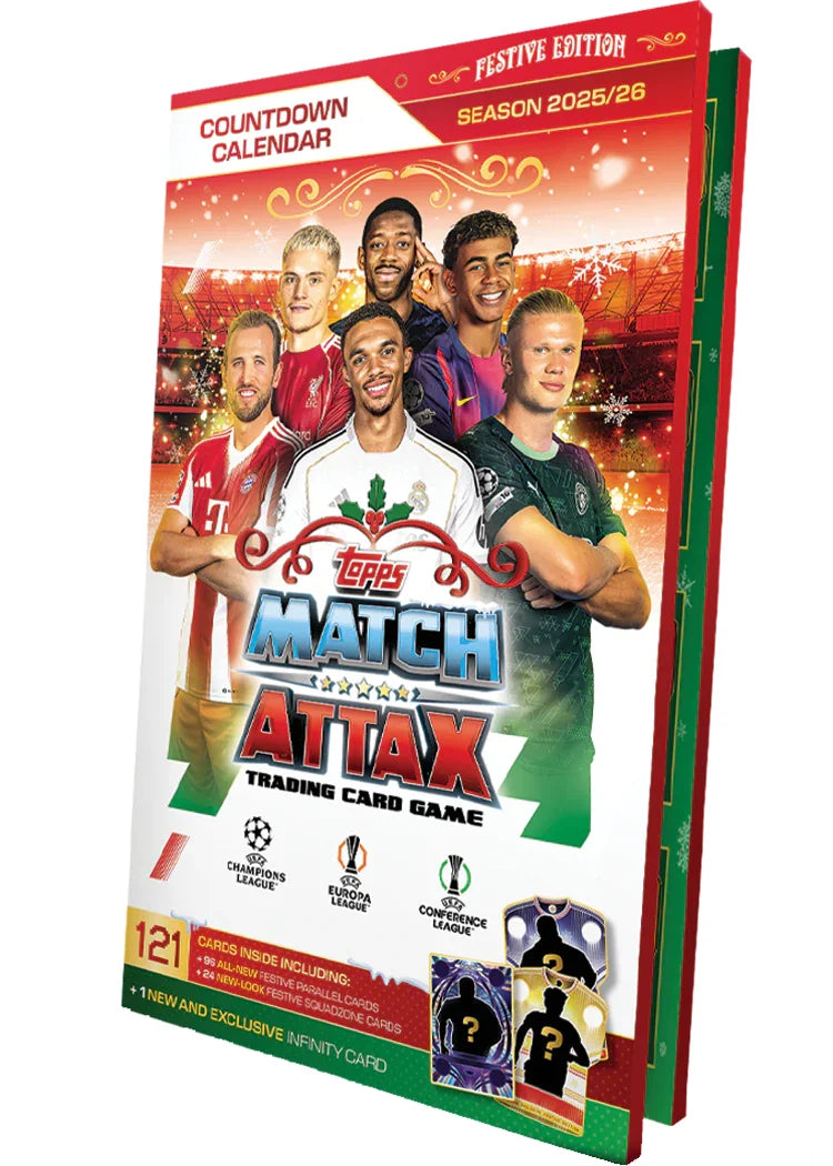 UCC Match Attax 2025 26 Advent Calendar box shown upright with festive red and green design and football player graphics.