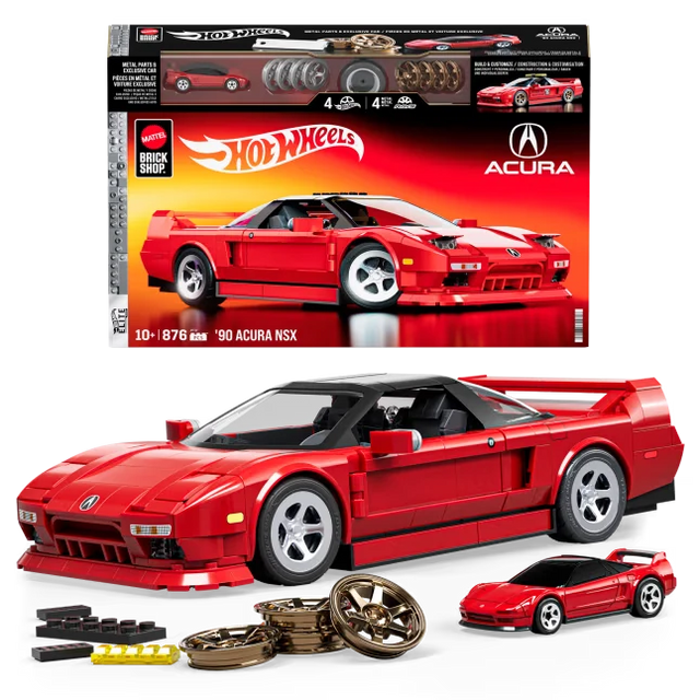 Hot Wheels Acura NSX box with built red model, small diecast car, wheel covers and accessories