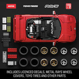 Top-down view of red Hot Wheels Acura NSX model with decals, tyre pieces, wheel covers and small building parts