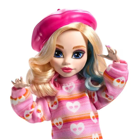 Closeup of Enid Sinclair doll showing pink top and colourful hair – Ireland