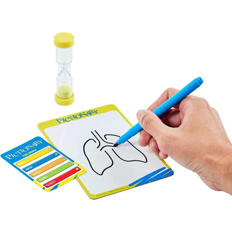 Hand drawing on a Pictionary board with timer and clue card beside it
