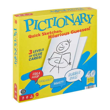 Mattel Pictionary Core Refresh game box front view with yellow and blue packaging
