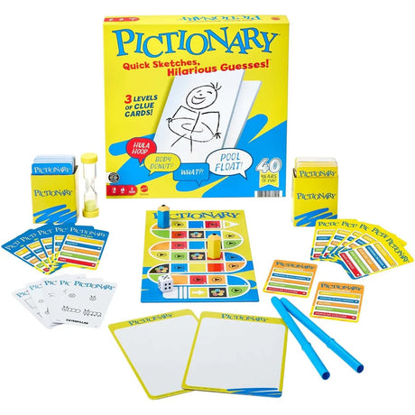 Mattel Pictionary Core Refresh game contents showing box, gameboard, cards, boards, markers, die, timer and movers