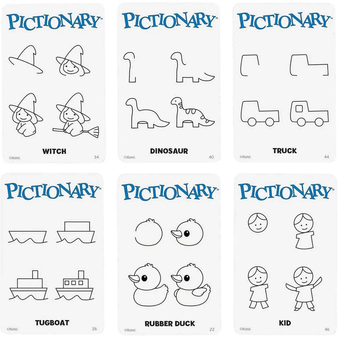 Pictionary Learn to Draw card examples showing simple drawings for witch, dinosaur, truck, tugboat, rubber duck and kid
