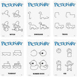 Pictionary Learn to Draw card examples showing simple drawings for witch, dinosaur, truck, tugboat, rubber duck and kid