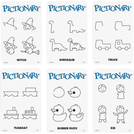 Pictionary Learn to Draw card examples showing simple drawings for witch, dinosaur, truck, tugboat, rubber duck and kid