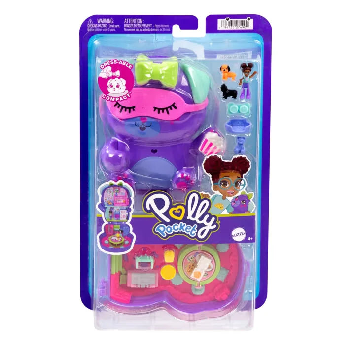 Front packaging of the Polly Pocket Sleepover Puppy Compact Playset by Mattel – Ireland