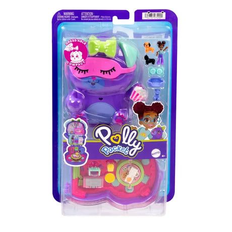 Front packaging of the Polly Pocket Sleepover Puppy Compact Playset by Mattel – Ireland
