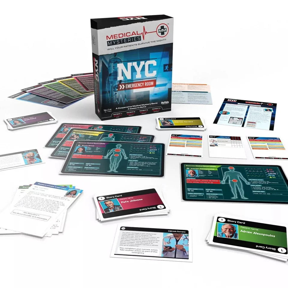 Full component layout of Medical Mysteries NYC Emergency Room board game – Ireland